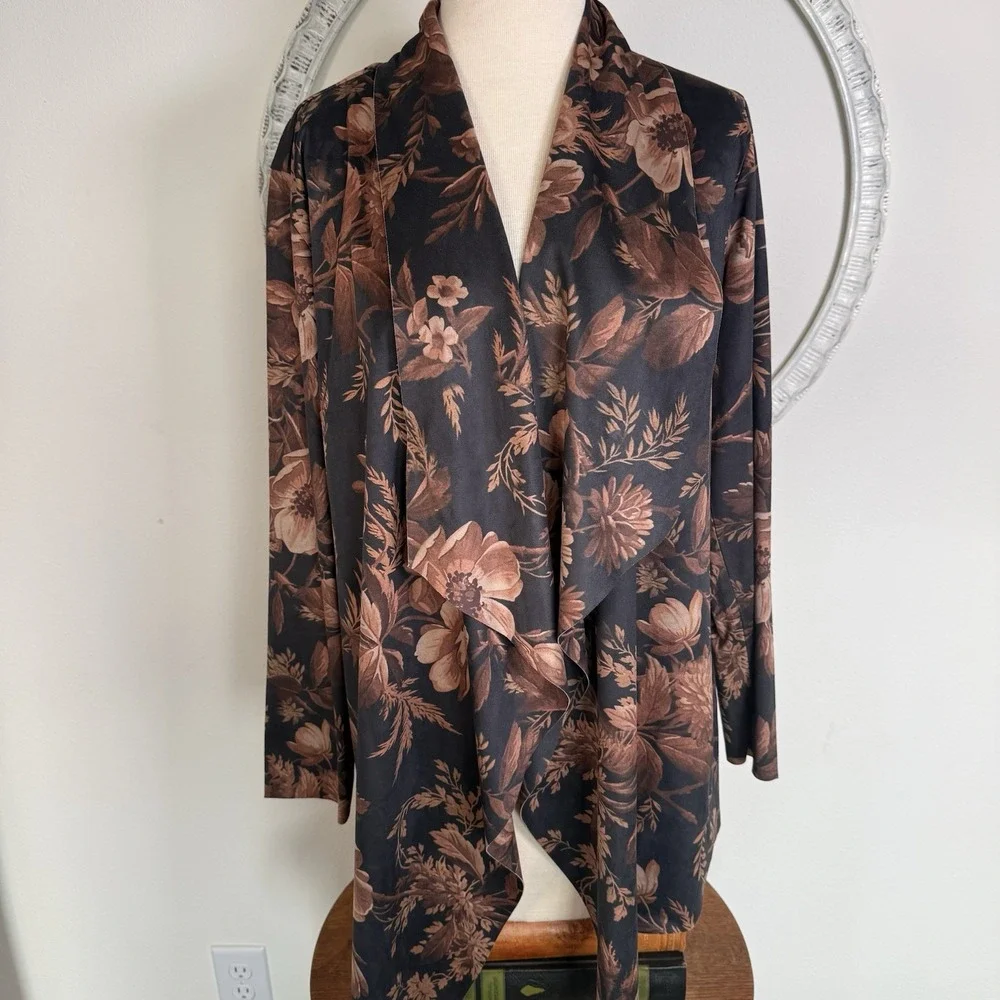 Soft Surroundings Draped Shape Faux Suede Open Front‎ Jacket Botanical Floral S